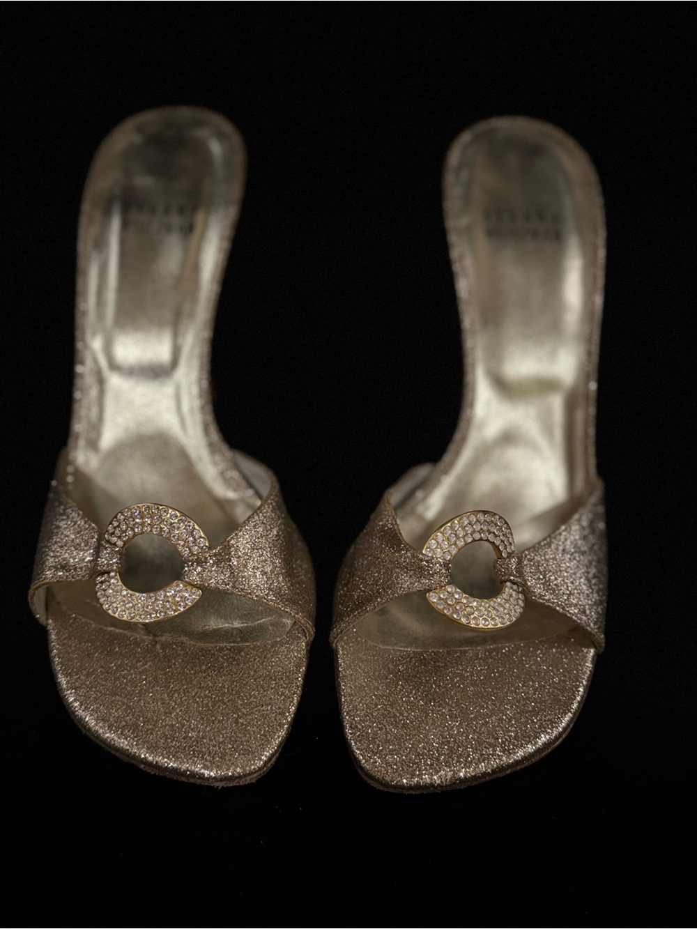 Stuart Weitzman Gold Glitter Slip-On Mules with Swarovski Crystal Circle Detail